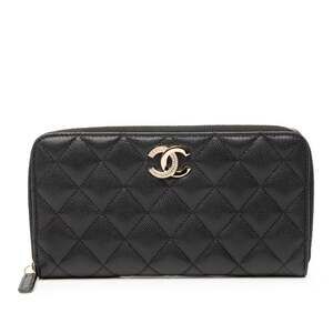 CHANEL Authentic Black Caviar Leather Logo Wallet